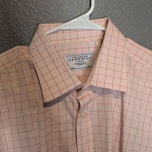 Charles Tyrwhitt Dress Button Down Shirt Pink Stripes Easy Care - 17.5"x36”